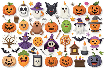 Obraz premium cute Halloween element Icons collection with pumpkins and ghosts