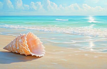 A beautiful beach scene with a clear blue sky and turquoise water, orange pink seashell lying flat in close-up. 