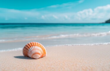 Obraz premium A beautiful beach scene with a clear blue sky and turquoise water, orange pink seashell lying flat in close-up. 
