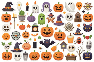 Fototapeta premium cute Halloween element Icons collection with pumpkins and ghosts
