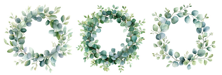 Watercolor eucalyptus wreath isolated on a transparent background showcasing delicate green leaves for botanical decor, PNG