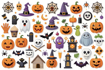 cute Halloween element Icons collection with pumpkins and ghosts