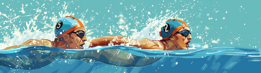 Male athlete swimmers doing a training exercise for a swimming sports race event by practising the breast stroke and diving underwater shown in a contemporary abstract painting, stock illustration 