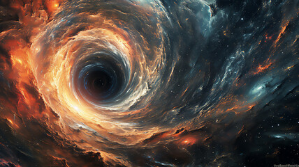 Black hole background in a galaxy supernova nebular of the universe with celestial stars in the night sky during a cosmic event forming spiral arms, astronomy stock illustration image