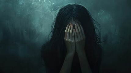 Fototapeta premium An emotional depiction of a young girl enveloped in sadness, her face obscured by her hands, vividly representing the isolating and painful experience of depression.