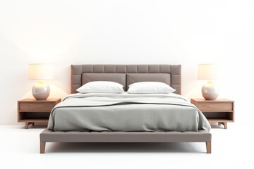 double bed with bedside tables on a white background front view