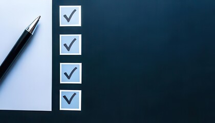 Checklists with checkmarks, pen on dark background, office or productivity theme.