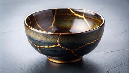 Aerial view of Japanese kintsugi black raku chawan with real gold restoration