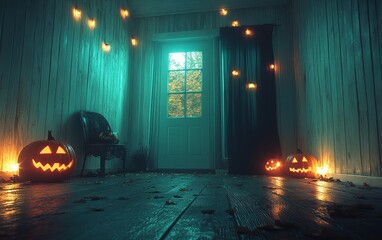 Halloween holiday scene wood floor in room lamps hanging ominous background design