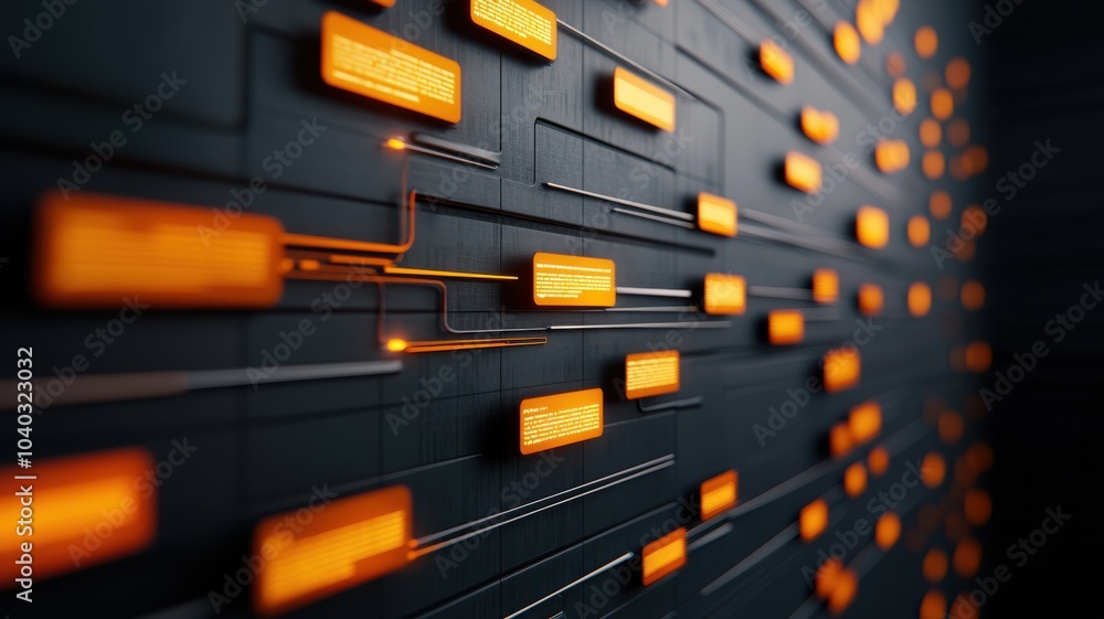 Poster a close-up view of a dark wall adorned with glowing orange rectangles, creating an abstract technolo