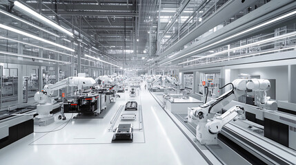 Obraz premium Industrial Robot Arms on Conveyor Belt in Modern Factory