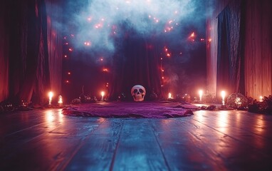 Halloween holiday scene wood floor in room lamps hanging ominous background design