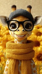 Fototapeta premium A cartoon giraffe wearing glasses and a cozy scarf beams joyfully, surrounded by vibrant sunflowers
