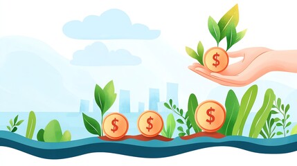 A hand holds a coin with a dollar sign, surrounded by plants and water, symbolizing growth, sustainability, and financial investment.