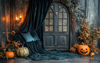 Obraz premium Halloween holiday scene wood floor in room lamps hanging ominous background design