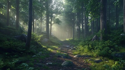 Obraz premium Hiking in the forest. Backpacker with backpack hiking in the forest.