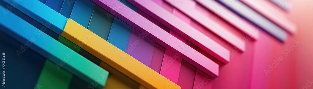Poster a vibrant array of colored geometric shapes stacked at angles, creating a striking visual effect.