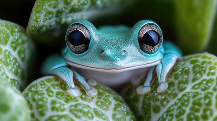A close up of a vibrant blue tree frog resting on textured green leaves in a lush environment
