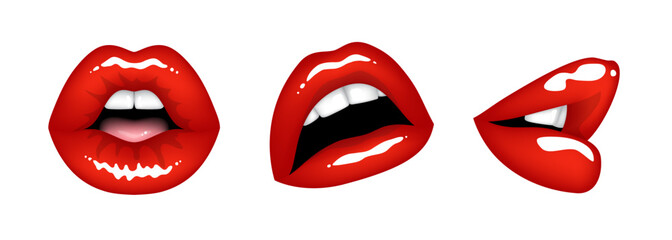 Bright red sexy female lips. Set of isolated vector illustrations