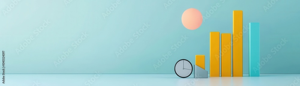 Poster a minimalist graphic showing a clock and colorful bar graphs against a soft blue background, symboli