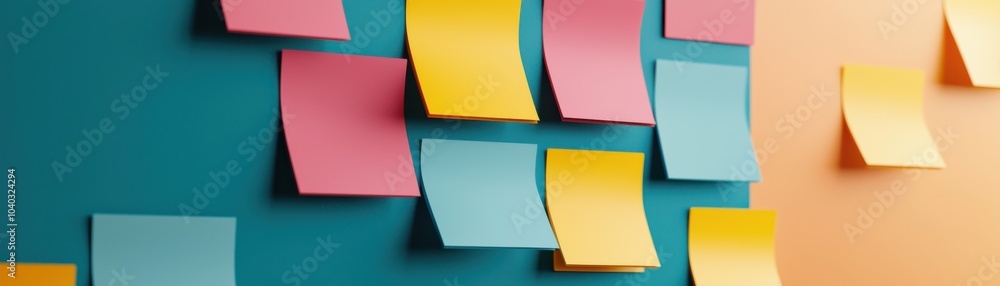 Poster a colorful arrangement of sticky notes on a vibrant background, showcasing various hues and adding a