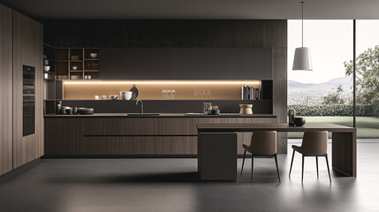 Minimalist open-plan kitchen and dining area with sleek cabinetry, simple dining chairs, and a wooden table