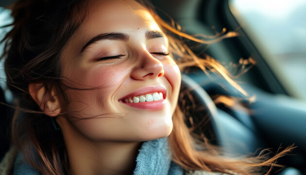jovem mulher viajando de carro sorridente, expressando felicidade e paz