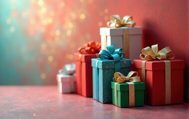 Obraz premium Stack of colorful Christmas gifts with bows.