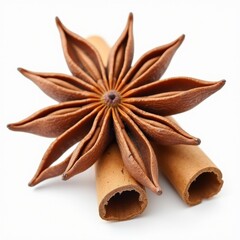 Anise star and cinnamon sticks on white transparent background