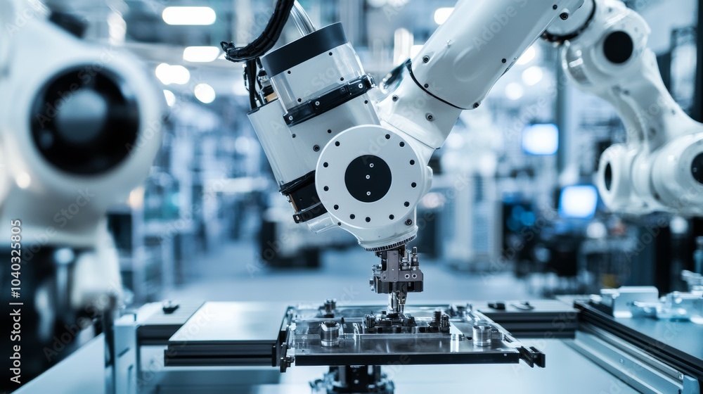 Aufkleber A robotic system assembling complex robotic arms in a clean, high-tech robotics lab, modern and intricate environment with a focus on precision engineering