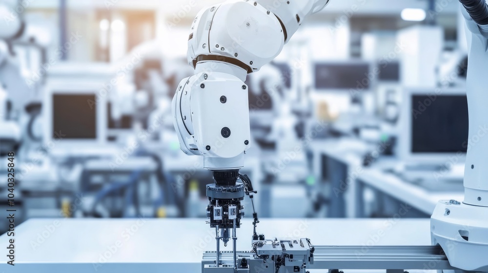 Poster A robotic system assembling complex robotic arms in a clean, high-tech robotics lab, modern and intricate environment with a focus on precision engineering