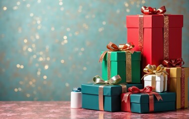 Festive holiday gift wrapping with bows and ornaments.