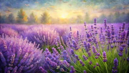 Fototapeta premium Aerial view of lavender field captured in oil paint layers