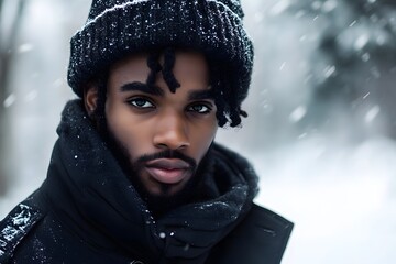 portrait of a black man with beard outdoors on the snow in the cold peaceful winter