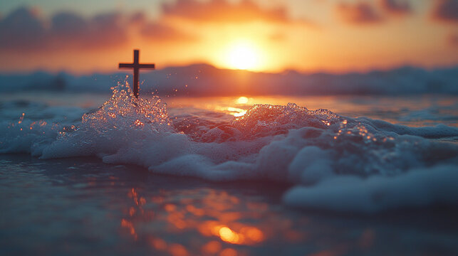 seascape at sunset with a silhouette of a cross in the foreground. The glowing sky reflects spiritual symbolism, evoking feelings of hope, peace, and reflection in nature's beauty