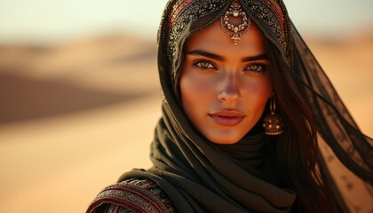 Portrait of arab woman in sand dunes, elegant dress with embroideries. Intense gaze. Arabian beauty and glamour concept.