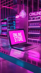 A laptop showcasing an online store website sits on a counter in a futuristic retail space illuminated with pink neon lights.