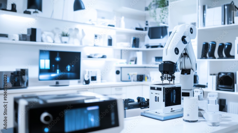 Aufkleber a robotic system assembling smart home devices in a clean, high-tech smart home lab, modern and orga