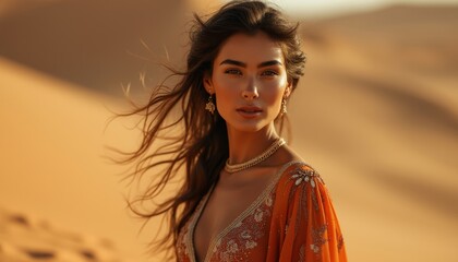 Beauty of the desert. Princess of the dunes. Portrait of arab woman with flowing hair  and intense gaze. 
