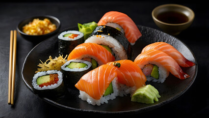 Elegant Sushi Platter with Fresh Salmon and Accompaniments