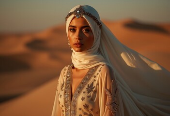 Portrait of arab woman in sand dunes,  elegant dress with embroideries, impressive jewelry set. Arabian beautyand glamor concept.