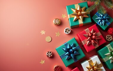 Obraz premium Holiday gifts wrapped in vibrant colors and shiny ribbons.