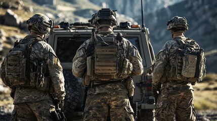 Fototapeta premium Soldiers in Camouflage Discuss Strategy, three soldiers clad in camouflage gear gathered around a military vehicle, faces obscured, immersed in a tactical planning session.