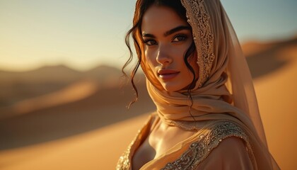 Portrait of arab woman in sand dunes, elegant dress with embroideries. Intense gaze. Arabian beauty and glamour concept.