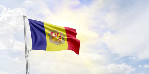 Andorra flag waving on sky background. 3D Rendering