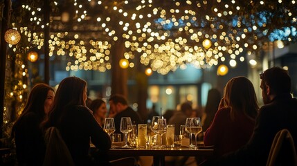 Twilight gathering with friends enjoying drinks under sparkling fairy lights, creating a warm and inviting atmosphere for memorable conversations and laughter.