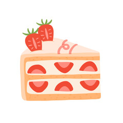 Birthday cake slices set. Sweet holiday bakery pieces collection. Pastry chocolate fruit, berry dessert with candles for breakfast. Vector hand drawn flat cartoon illustration