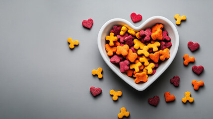 A heart-shaped white bowl filled with colorful cookies is displayed on a grey background, evoking a sense of sweetness and love.