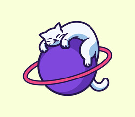Cat Resting on Purple Planet with Orbiting Rings - Cute Space Pet Illustration Cartoon Character Vector Design