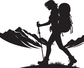 Mountain trekking person silhouette vector illustration isolated on a white background